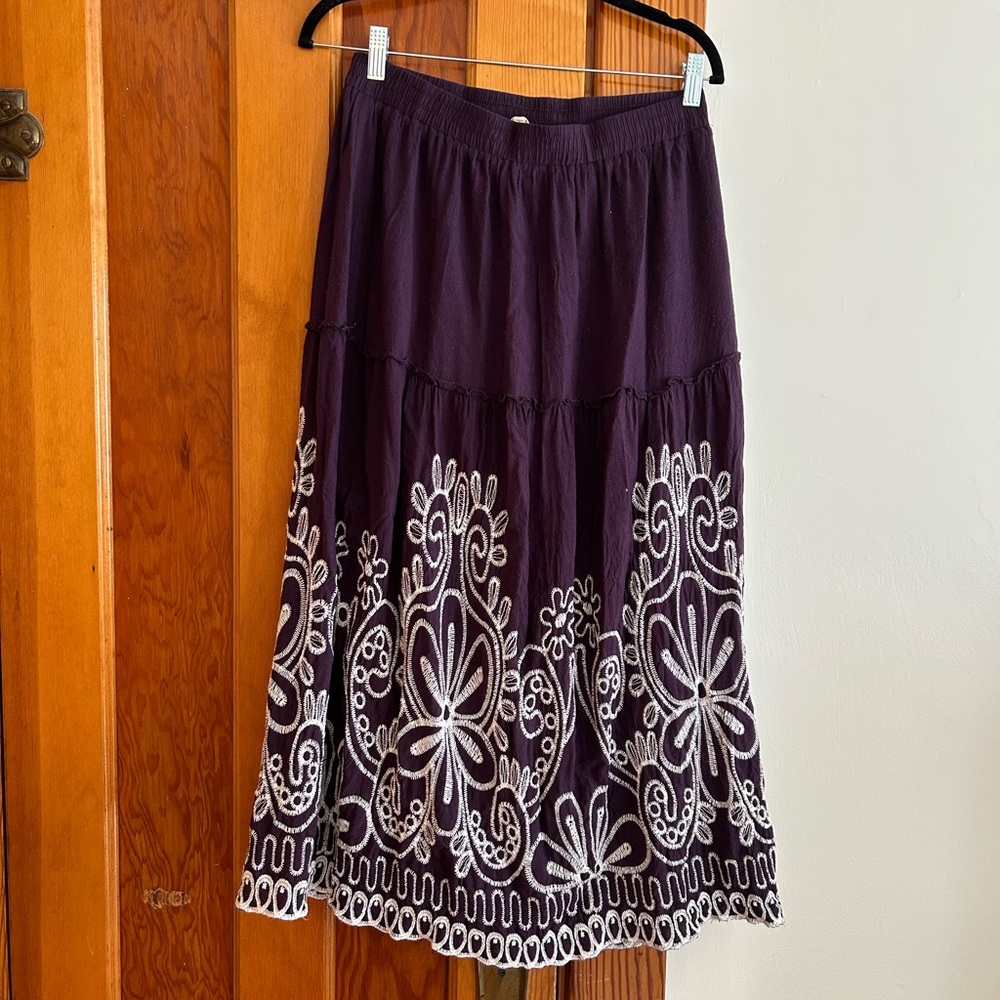 LOFT Purple A-Line Skirt with White Floral Embroidery